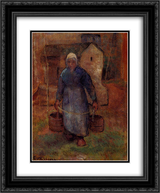 Woman with Buckets 20x24 Black Ornate Wood Framed Art Print Poster with Double Matting by Pissarro, Camille