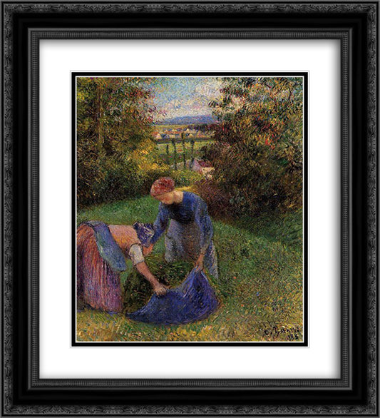 Women Gathering Grass 20x22 Black Ornate Wood Framed Art Print Poster with Double Matting by Pissarro, Camille