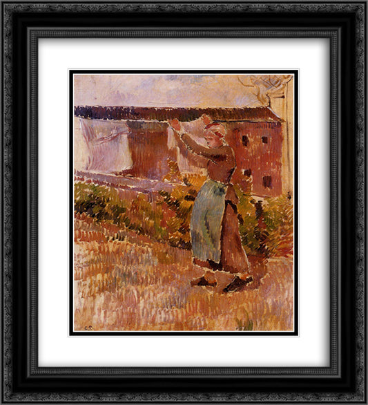 Women Tending the Laundry (study) 20x22 Black Ornate Wood Framed Art Print Poster with Double Matting by Pissarro, Camille