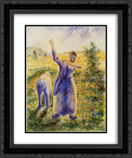 Workers in the Fields 20x24 Black Ornate Wood Framed Art Print Poster with Double Matting by Pissarro, Camille