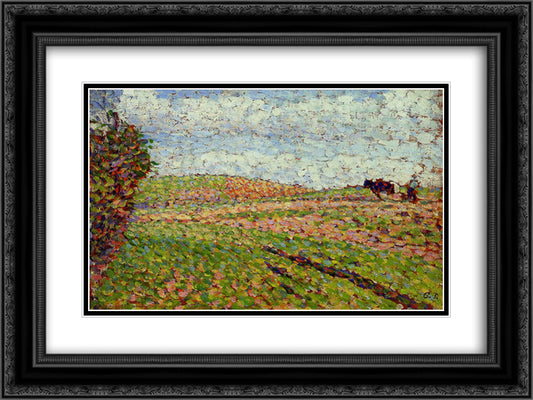 Working at Eragny 24x18 Black Ornate Wood Framed Art Print Poster with Double Matting by Pissarro, Camille