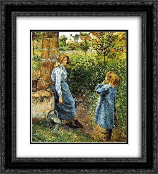 Young Woman and Child at the Well 20x22 Black Ornate Wood Framed Art Print Poster with Double Matting by Pissarro, Camille