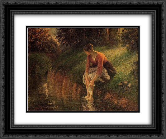 Young Woman Bathing Her Feet (also known as The Foot Bath) 24x20 Black Ornate Wood Framed Art Print Poster with Double Matting by Pissarro, Camille