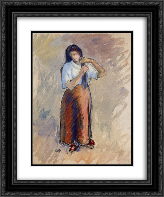 Young Woman Knotting Her Hair 20x24 Black Ornate Wood Framed Art Print Poster with Double Matting by Pissarro, Camille