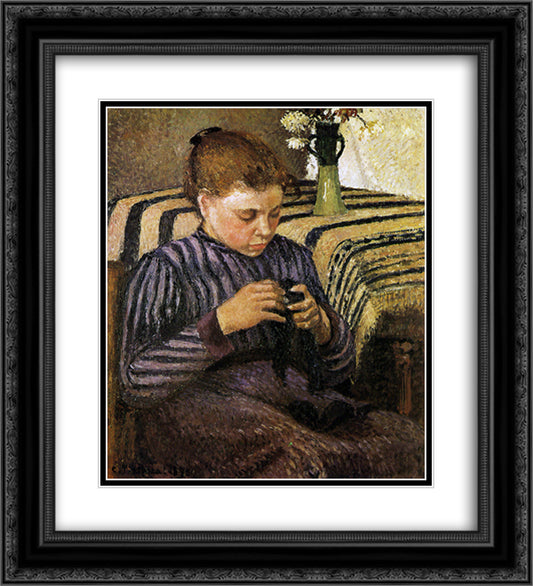 Young woman mending her stockings 20x22 Black Ornate Wood Framed Art Print Poster with Double Matting by Pissarro, Camille
