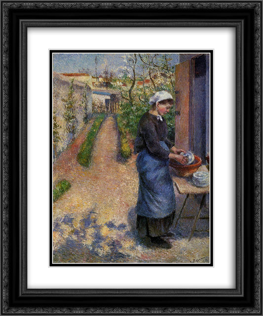Young Woman Washing Plates 20x24 Black Ornate Wood Framed Art Print Poster with Double Matting by Pissarro, Camille