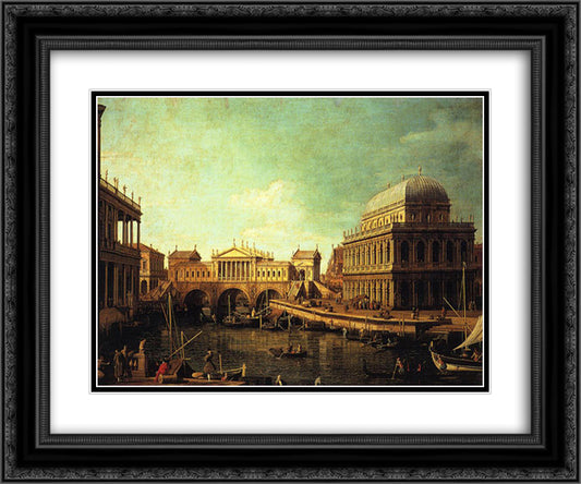 Basilica di Vecenza and the Ponte de Rialto 24x20 Black Ornate Wood Framed Art Print Poster with Double Matting by Canaletto