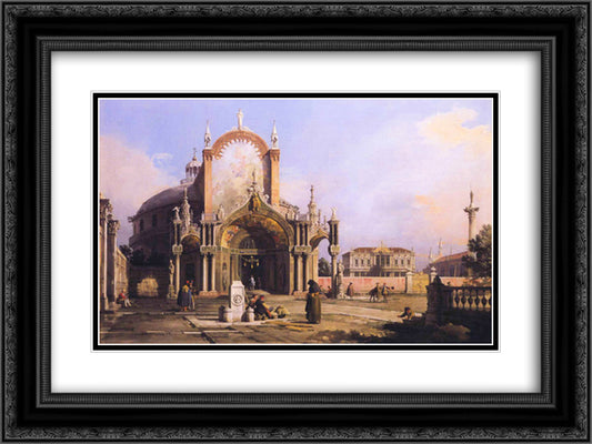 Capriccio of a Round Church with an Elaborate Gothic Portico in a Piazza, a Palladian Piazza and a Gothic Church Beyond 24x18 Black Ornate Wood Framed Art Print Poster with Double Matting by Canaletto