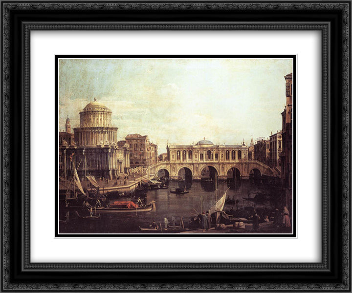 Capriccio The Grand Canal, with an Imaginary Rialto Bridge and Other Buildings 24x20 Black Ornate Wood Framed Art Print Poster with Double Matting by Canaletto