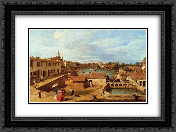 Dolo on the Brenta 24x18 Black Ornate Wood Framed Art Print Poster with Double Matting by Canaletto