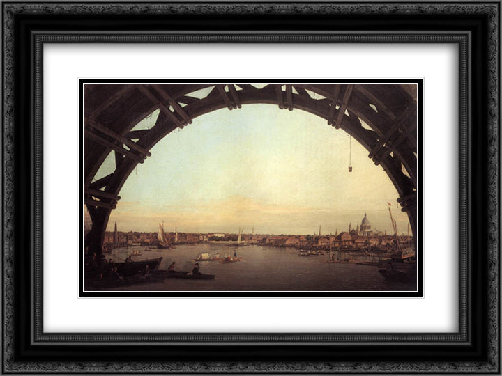 London seen through an arch of Westminster Bridge 24x18 Black Ornate Wood Framed Art Print Poster with Double Matting by Canaletto