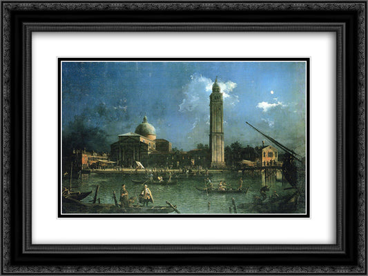 Night time Celebration Outside the Church of San Pietro di Castello 24x18 Black Ornate Wood Framed Art Print Poster with Double Matting by Canaletto