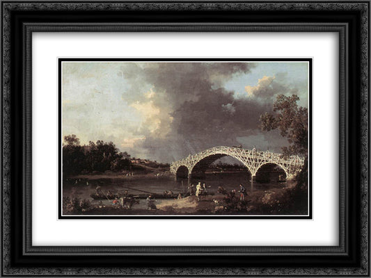 Old Walton Bridge over the Thames 24x18 Black Ornate Wood Framed Art Print Poster with Double Matting by Canaletto