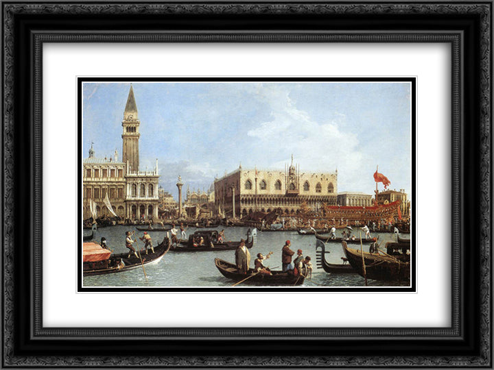 Return of the Bucentoro to the Molo on Ascension Day 24x18 Black Ornate Wood Framed Art Print Poster with Double Matting by Canaletto