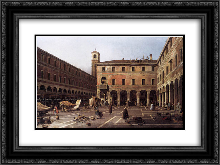 The Campo di Rialto 24x18 Black Ornate Wood Framed Art Print Poster with Double Matting by Canaletto