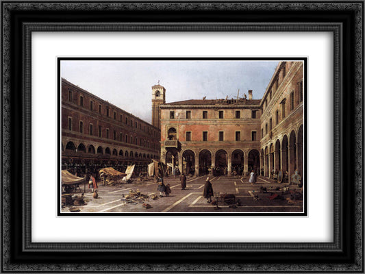 The Campo di Rialto 24x18 Black Ornate Wood Framed Art Print Poster with Double Matting by Canaletto