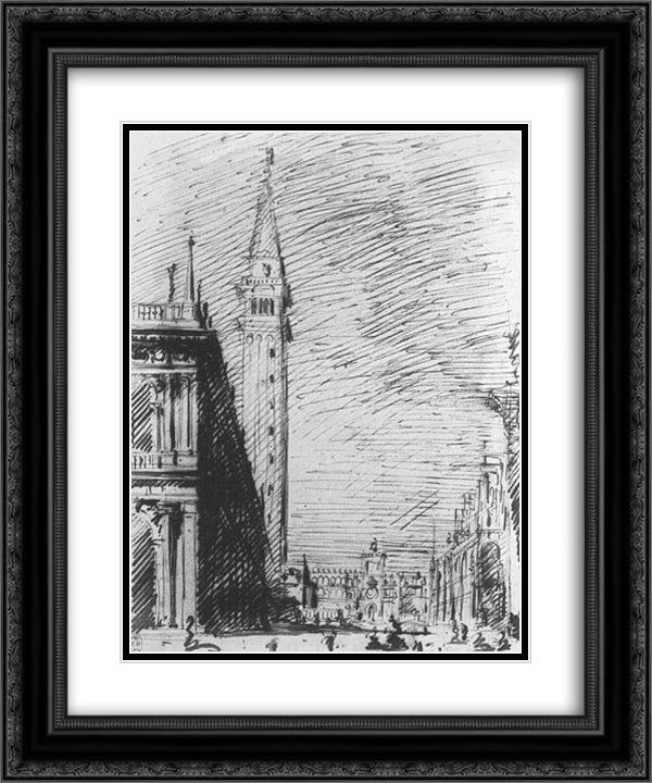 The Piazzetta Looking towards the Torre dell'Orologio 20x24 Black Ornate Wood Framed Art Print Poster with Double Matting by Canaletto