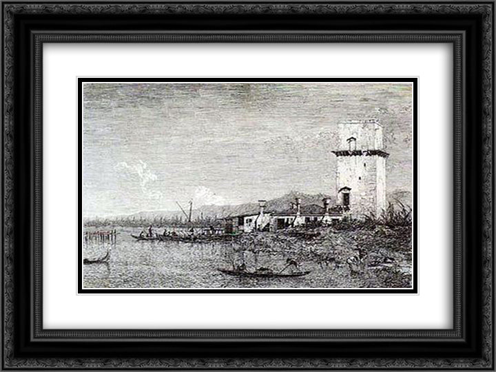 The Tow of Malghera 24x18 Black Ornate Wood Framed Art Print Poster with Double Matting by Canaletto