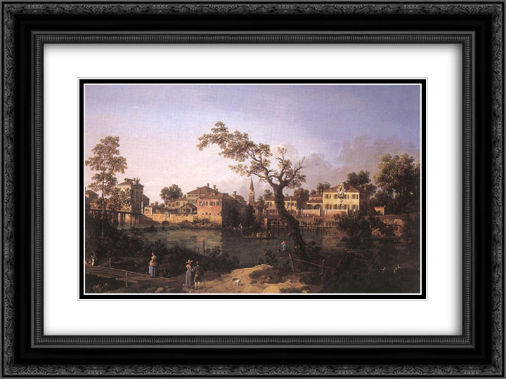 View of a River, Perhaps in Padua 24x18 Black Ornate Wood Framed Art Print Poster with Double Matting by Canaletto