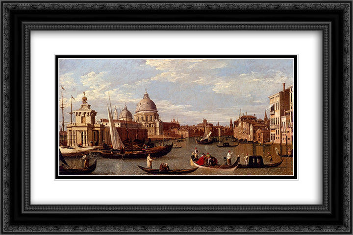 View Of The Grand Canal And Santa Maria Della Salute With Boats And Figures In The Foreground, Venice 24x16 Black Ornate Wood Framed Art Print Poster with Double Matting by Canaletto