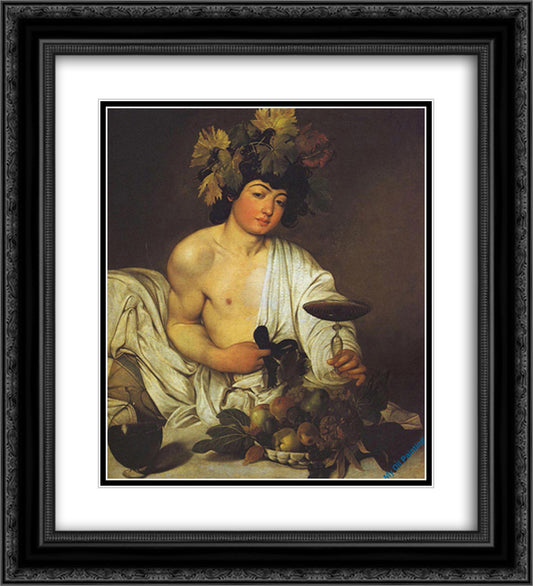 Bacchus 20x22 Black Ornate Wood Framed Art Print Poster with Double Matting by Caravaggio