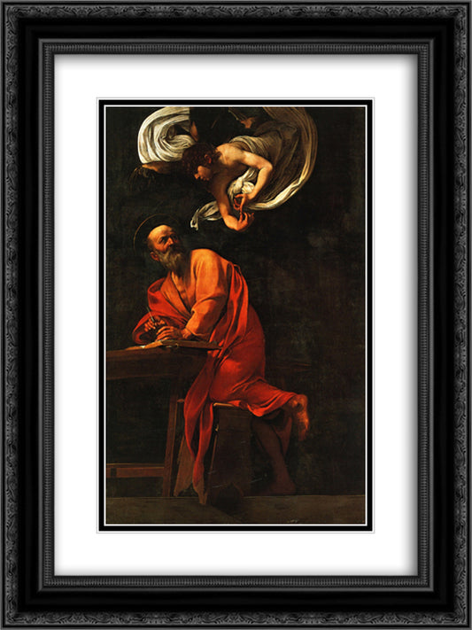 Inspiration of Saint Matthew 18x24 Black Ornate Wood Framed Art Print Poster with Double Matting by Caravaggio