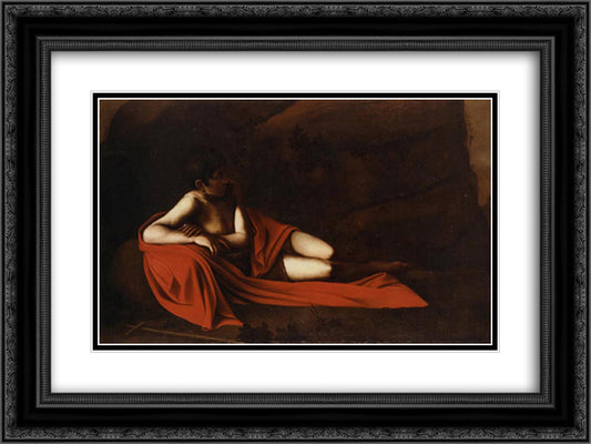 John the Baptist (Reclining Baptist) 24x18 Black Ornate Wood Framed Art Print Poster with Double Matting by Caravaggio