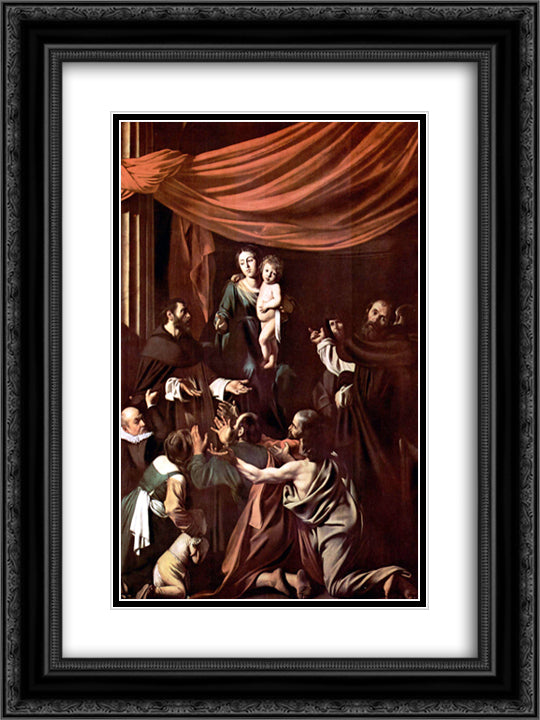 Madonna of the Rosary (Madonna del Rosario) 18x24 Black Ornate Wood Framed Art Print Poster with Double Matting by Caravaggio