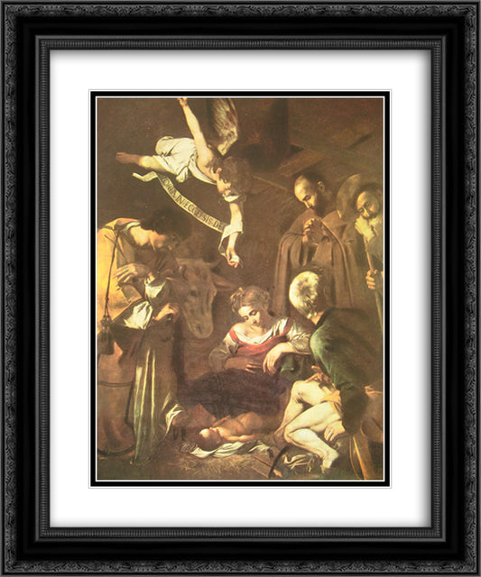 Nativity with St. Francis and St. Lawrence 20x24 Black Ornate Wood Framed Art Print Poster with Double Matting by Caravaggio