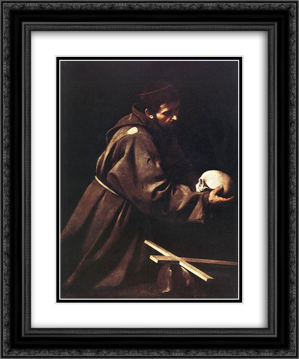 Saint Francis in Prayer 20x24 Black Ornate Wood Framed Art Print Poster with Double Matting by Caravaggio