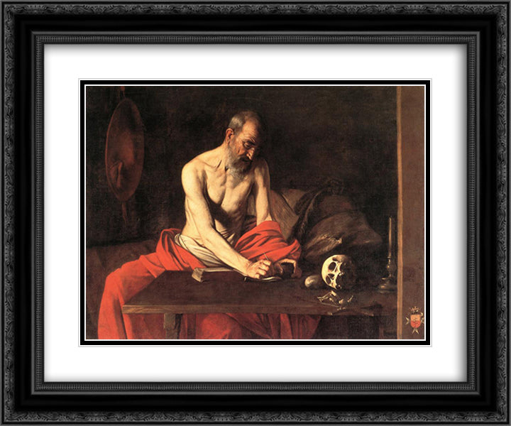 Saint Jerome Writing 24x20 Black Ornate Wood Framed Art Print Poster with Double Matting by Caravaggio