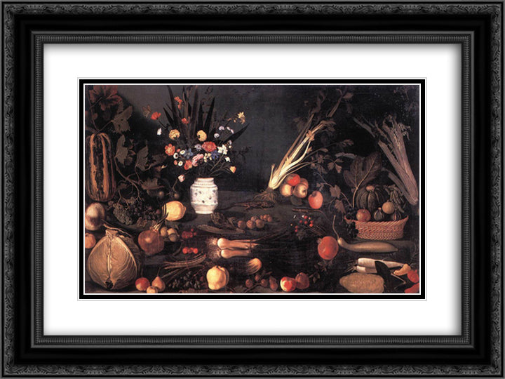 Still Life with Flowers and Fruit 24x18 Black Ornate Wood Framed Art Print Poster with Double Matting by Caravaggio