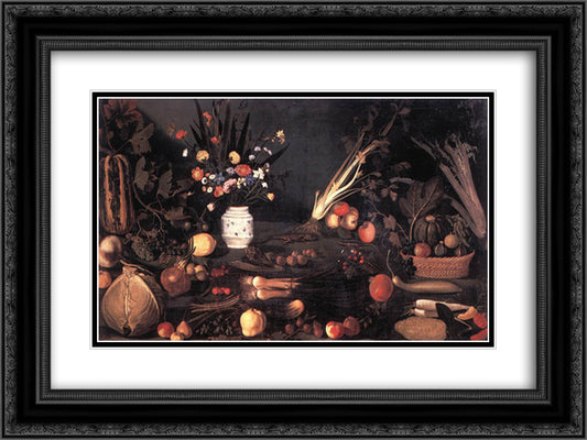 Still Life with Flowers and Fruit 24x18 Black Ornate Wood Framed Art Print Poster with Double Matting by Caravaggio