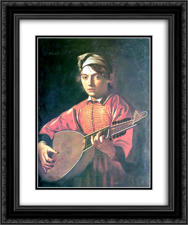 The lute player 20x24 Black Ornate Wood Framed Art Print Poster with Double Matting by Caravaggio