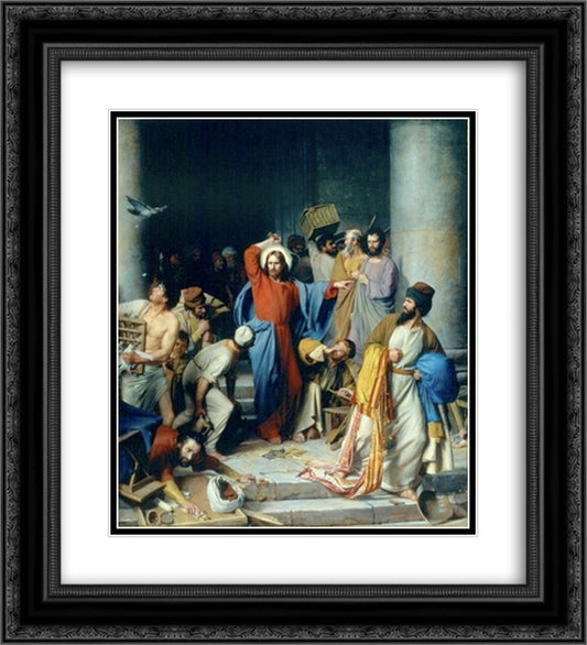 Jesus casting out the money changers at the temple 20x22 Black Ornate Wood Framed Art Print Poster with Double Matting by Bloch, Carl