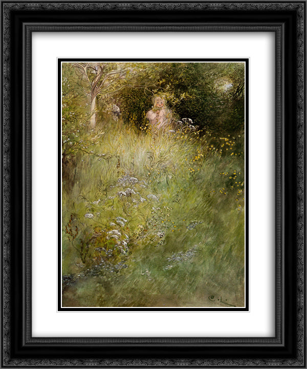 A Fairy Or Kersti And A View Of A Meadow 20x24 Black Ornate Wood Framed Art Print Poster with Double Matting by Larsson, Carl