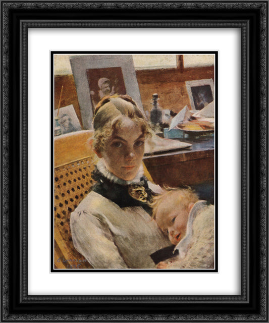 A studio idyll. The artist's wife with daughter Suzanne 20x24 Black Ornate Wood Framed Art Print Poster with Double Matting by Larsson, Carl