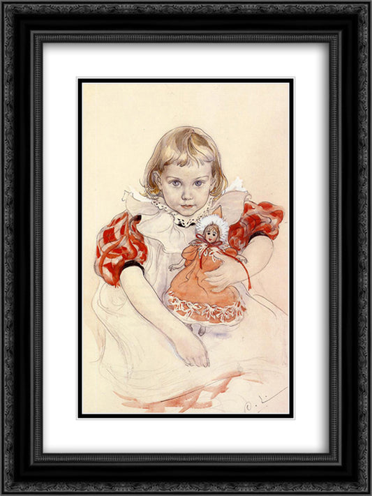 A Young Girl with a Doll 18x24 Black Ornate Wood Framed Art Print Poster with Double Matting by Larsson, Carl