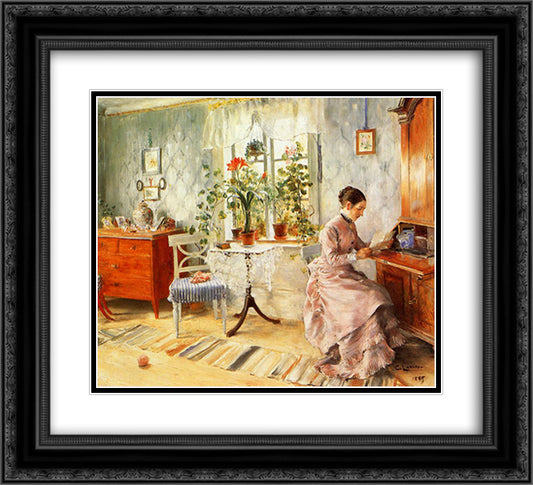 An Interior with a Woman Reading 22x20 Black Ornate Wood Framed Art Print Poster with Double Matting by Larsson, Carl