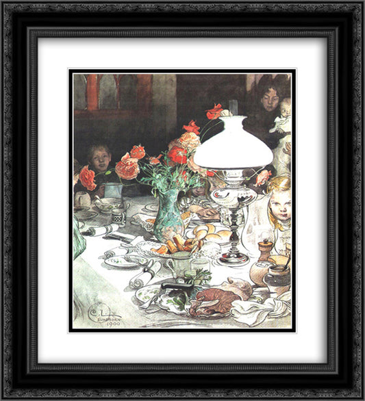 Around the Lamp at Evening 20x22 Black Ornate Wood Framed Art Print Poster with Double Matting by Larsson, Carl