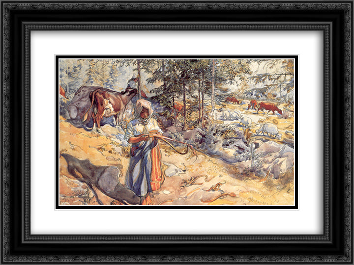 Cowgirl in the meadow 24x18 Black Ornate Wood Framed Art Print Poster with Double Matting by Larsson, Carl