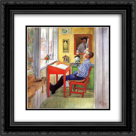 Esbjorn Doing His Homework 20x20 Black Ornate Wood Framed Art Print Poster with Double Matting by Larsson, Carl