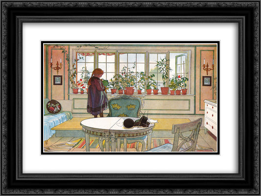 Flowers on the windowsill 24x18 Black Ornate Wood Framed Art Print Poster with Double Matting by Larsson, Carl