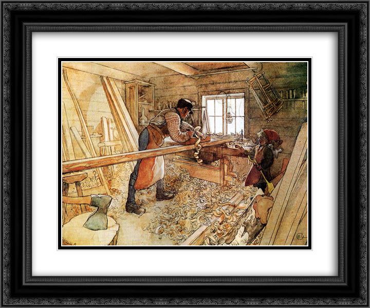 In the Carpenter Shop 24x20 Black Ornate Wood Framed Art Print Poster with Double Matting by Larsson, Carl