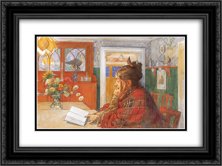 Karin reading 24x18 Black Ornate Wood Framed Art Print Poster with Double Matting by Larsson, Carl