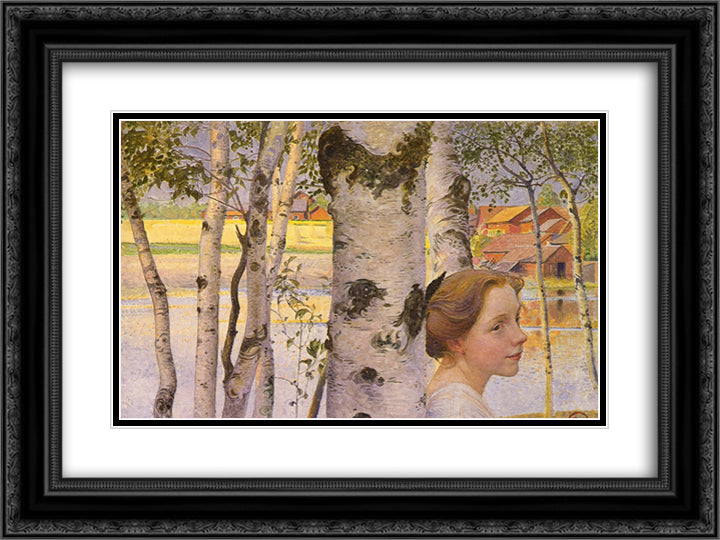 Lisbeth at the birch grove 24x18 Black Ornate Wood Framed Art Print Poster with Double Matting by Larsson, Carl