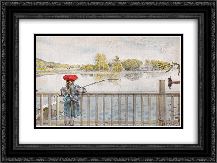 Lisbeth fishing 24x18 Black Ornate Wood Framed Art Print Poster with Double Matting by Larsson, Carl