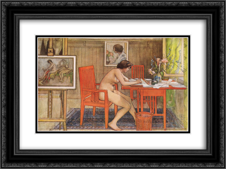 Model Writing Postcards 24x18 Black Ornate Wood Framed Art Print Poster with Double Matting by Larsson, Carl
