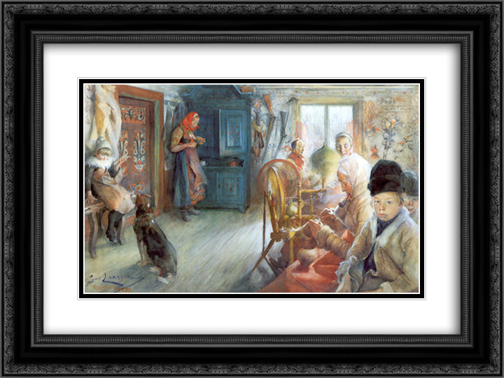 Peasant Interior in winter 24x18 Black Ornate Wood Framed Art Print Poster with Double Matting by Larsson, Carl