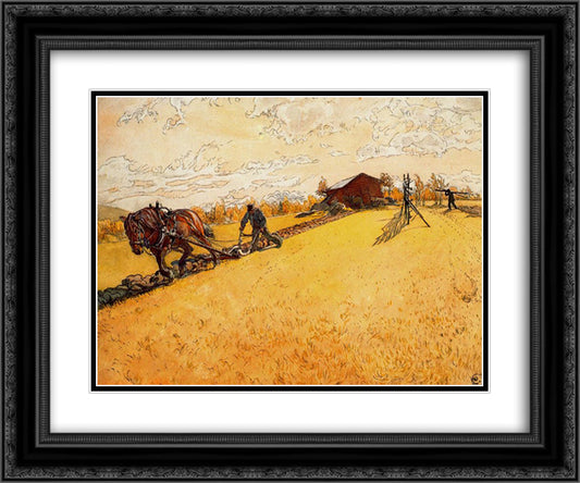 Plowing 24x20 Black Ornate Wood Framed Art Print Poster with Double Matting by Larsson, Carl